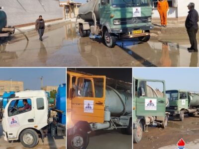 گسیل خودروهای جمع آوری روان آب شرکت نفت و گاز اروندان به منظور کمک رسانی به شهرهای درگیر آبگرفتگی